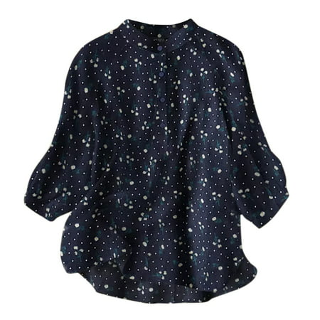 GWAABD Yoga Pants Sweater Tops Womens Shirts Trendy Women S Spring and Summer Round Neck Button Print Cotton Linen Texture Cotton Linen Shirt
