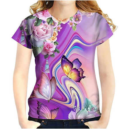 CLZOUD Dress Shirts for Women Purple Women Casual 3D Printing Short Sleeve O-Neck Tops Tee T-Shirt Blouse Tops Xl