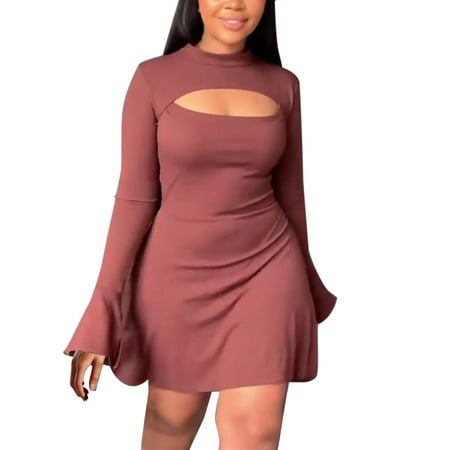 GWAABD Petite for Women Petite Length Women S Large Size Solid Color Fashion Flared Sleeve Hollow Package Dress