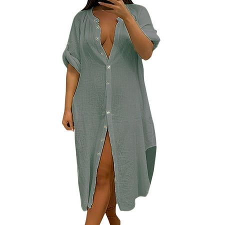 CLZOUD Summer Dresses for Women 2023 Casual Grey Polyester 2023 Summer New Women S Temperament Blouse Casual Beach Skirt Slim Elegant Plus Size Shirt 