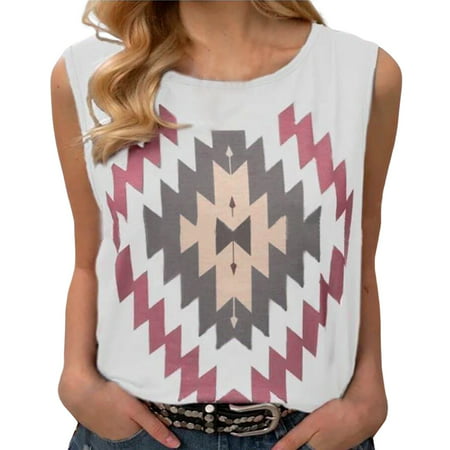 CLZOUD Women Tank Top White Womens Crew Neck Button up Blouses Geometric Print Plus Size Loose Tops Casual Lightweight Retro Pullover Tee Shirts