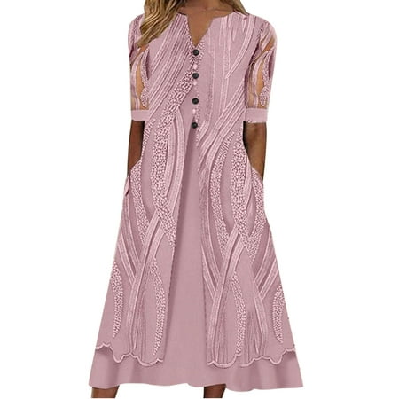 CLZOUD Elegant Dresses for Women Pink Polyester Spandex Womens Fashion Print V Neck Mesh Short Sleeve Splice Loose Dress Button Pocket Holiday Dress S
