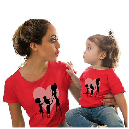 CLZOUD Summer T-shirt Red Polyester T-shirt Cute Tops Children Baby Girls Boys T-shirt Mom Set S