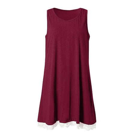 CLZOUD Dress for Women Casual Cotton Women O Neck Casual Lace Sleeveless Above Knee Dress Loose Party Dress Xxl