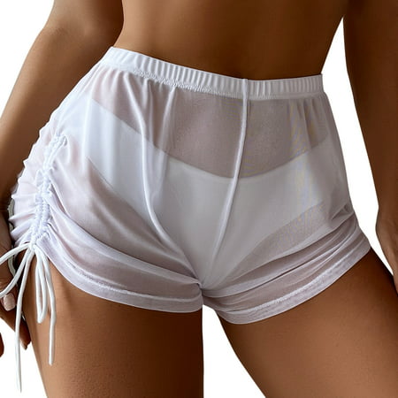 CLZOUD Cute Bikinis for Women White Women Sheer Mesh Cover up Shorts Beach Cover up Beach Solid Sheer Mesh Cover up Short Bottoms Xxxxl