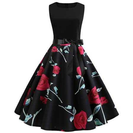 CLZOUD Flowy Dress for Women Black Polyester Women Vintage 1950s Retro Sleeveless O Neck Print Evening Party Prom Swing Dress Xxl