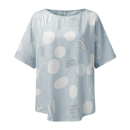 CLZOUD Summer T Shirt for Women Grey Plus Size Womens Print Casual Dot Print Short Sleeve Casual Loose Pullover Sweatshirt Tops L