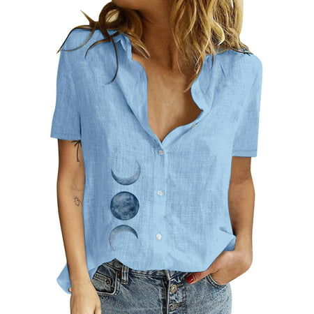 CLZOUD Women T Shirts Blue Ladies Cotton Linen Casual Loose Personality Printed Lapel Button Short Sleeve Xl