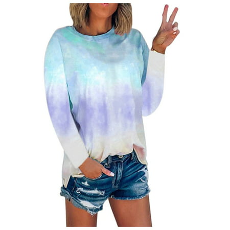 CLZOUD Business Shirts for Women Sky Blue Polyester Women S Summer Tie-Dye Long Sleeve Crew-Neck T-Shirt Casual Tee Tops(S-5XL) M