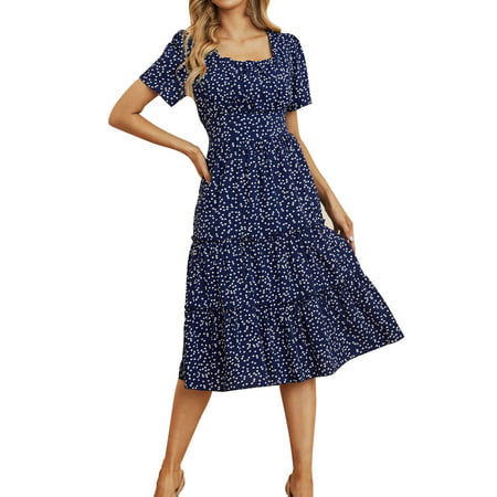 CLZOUD Dresses for Women Casual Summer Navy Polyester Spandex 2022 Women S Summer MIDI Dress Short Sleeve Heart Print Tunic Flowy Pleated Dress M