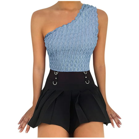 CLZOUD Tight Fit Cut-Outs Top Blue Women Summer Tank Tops Sleeveless Halter Crop Top Deep Cami Crop Top Xl