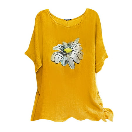 CLZOUD Women S Dressy Blouses Yellow Cotton Woman Vintage Cotton-Blend O-Neck Short Sleeve Floral Print Top T-shirts Blouse L