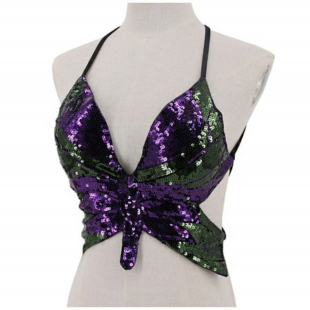 CLZOUD Women Camis Purple Green Tank Bandage Top Sparkly Crop Dance Vest Bra Belly Outfits Sequin Women S