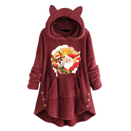 GWAABD Long Sleeve Crop Tops Women Warm Comfortable Loose Warm Hooded Top Long Sleeve Cute Print Pocket Casual Sweatshirt Sweater