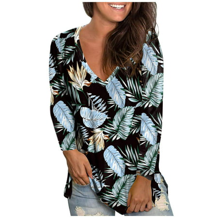 CLZOUD Summer Women Shirts Blue Polyester Women Floral Printed V Neck Long Sleeve Shirt Casual Tunic Tops Blouse M