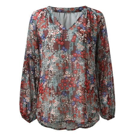GWAABD Womens Tops for Work Business Casual Women S Floral Chiffon Shirt Loose V Neck Long Sleeved Casual Top