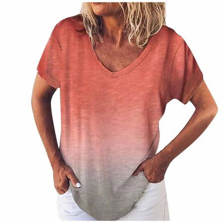 CLZOUD Womens Casual Shirt Orange Womens Casual V-Neck Fading Color T-shirt Short Sleeve Blouse Tops Plus Size Xxxl