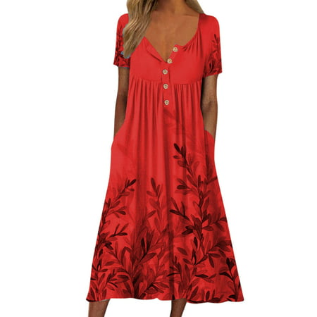 CLZOUD Flowy Summer Dresses Red Polyester Spandex Dresses for Women 2023 Short Sleeve Flower Round Tie Button Long Straight Dress with Pocket M