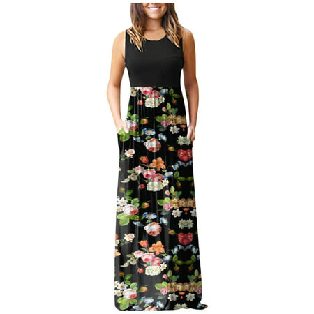 CLZOUD Women Flowy Dress Multicolor Polyester Women S Sleeveless Pocket Casual Floral Printing Beach Long Maxi Loose Dress M