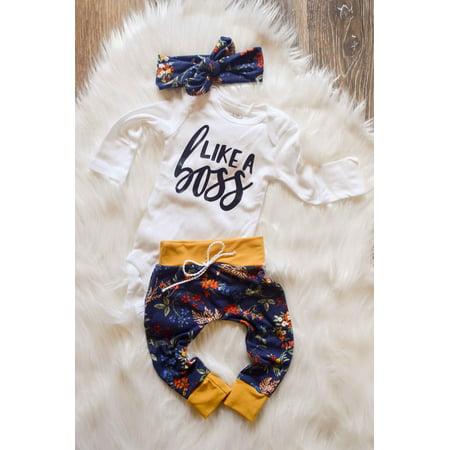 LA HIEBLA Baby Girl S Autumn Outfits Sets White Long Sleeve Letter Print Romper + Floral Long Pants + Headband Outfit