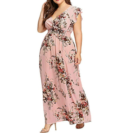 CLZOUD Womens Dresses Summer Casual Pink Chiffon V Neck Women Dress Size Floral Boho Summer Print Sleeveless Plus Size Dress Xxxxl