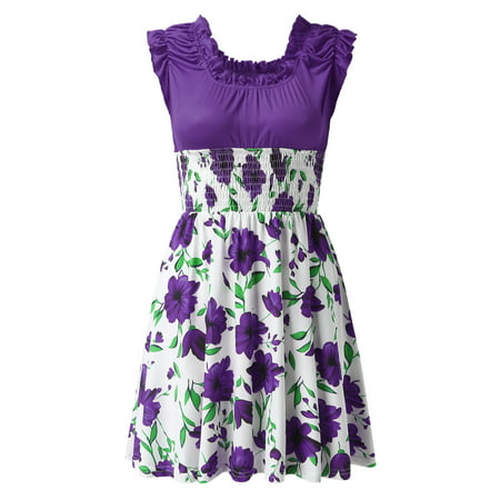CLZOUD Casual Dress for Women Purple Polyester Spandex Womens Casual Printed Tank Top Sleeveless Dress Crew Neck Dress Xl