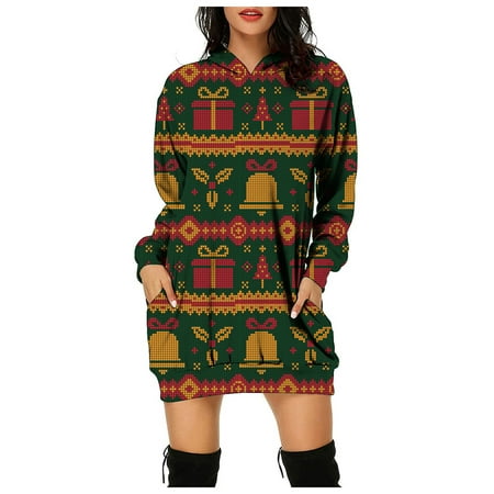 GWAABD Plus Size Dress for Women Long Sleeve Dress Christmas Printed Casual Sleeve Women S Autumn Long Women S Dress