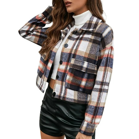 GWAABD Womens 3/4 Sleeve T Shirts Women Long Sleeve Button Front Plaid Jackets Regular Fit Casual Plaid Shirts Coat