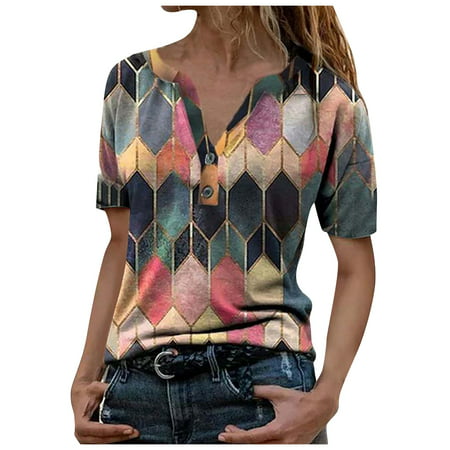 CLZOUD Work Shirts for Women Business Casual Red Cotton Blend Fashion Women S Summer Printed Short Sleeve V- Neck Collar T-Shirt Tops M
