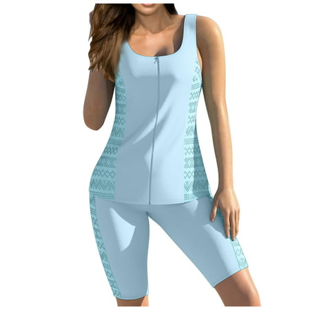 CLZOUD Halter Top Swimsuits Blue Women with Shorts Bathing Suits Plus Size Print Strappy Back Set Two Piece Swimsuits Swimdress Xxxl