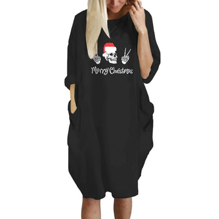 GWAABD Fashion Dresses Women S Print Holiday Party Long Sleeve Loose Dress with Pockets