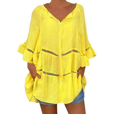 CLZOUD Womens Fitted Shirts Yellow Linen Women S Plus Size Solid Cotton and Linen Hollow Out V-neck Pullover Tops Shirt M
