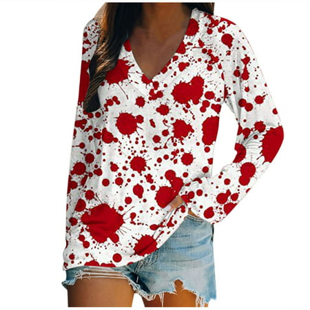 CLZOUD Womens Fitted Shirts White Women Casual V Neck Print Loose Patchwork Long Sleeve Top T Shirt Xl