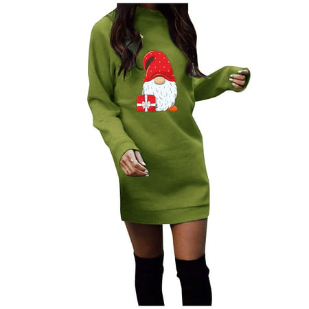 GWAABD MIDI Long Sleeve Dress for Women Womens Christmas Sweatershirts Long Sleeve O Neck Oversized Printed Lightweight MIDI Pullover Dress