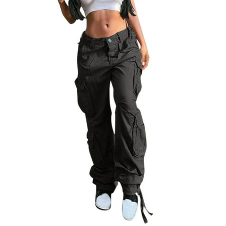 GWAABD Pantalones Acampanados Para Niñas Women High Waist Baggy Cargo Pants Cargo Jeans Jogger Pocket Loose Fit Straight Wide Leg Trouser