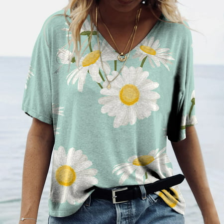 CHMORA Womens Summer Tops 2313 Casual Dressy Short Sleeve V Neck T Shirts Plus Size Floral Shirt Cute Tees Trendy Blouses Tshirt(Green，XL）