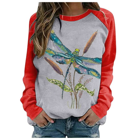 GWAABD Women Spring Long-Sleeved Shirt Printing Tops Sleeve Women Raglan Shirts Casual Blouse Long Women S Blouse