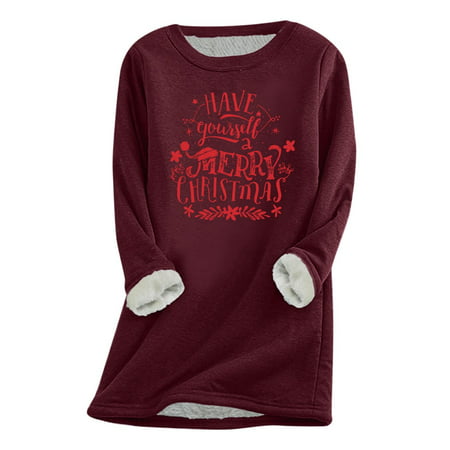 GWAABD Pullover for Women Casual Print Shirt Thick Sweatshirt Winter Round Neck Warm Soft Fashion Underwear Top