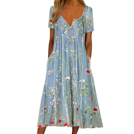 CLZOUD Clothing Dresses Blue Polyester Spandex Womens Fashion Short Sleeve Long Casual Flower Button Round Neck Pullover Dress Skirt L