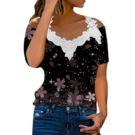 CLZOUD Basic T Shirts for Women Black Women‘s T Shirt Off Shoulder Lace Floral Shoulder T Shirt Sleeve Regular Summer Xxxl