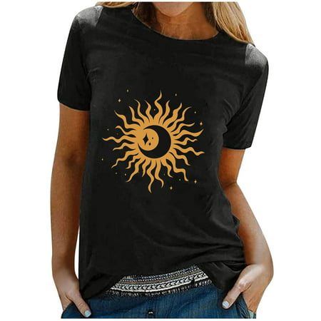 CLZOUD Womens Blouses and Tops Black Imitation Cotton Adult Fashion Woman Round Neck Short Sleeve Tops T-Shirt Prints Loose Short L