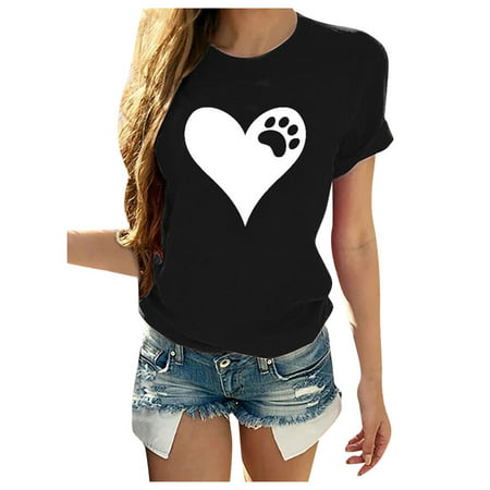 GWAABD Business Casual for Women Tops Print Sleeves Casual Blouse Women O-neck Short Heart-shaped T-shirt Women S Blouse