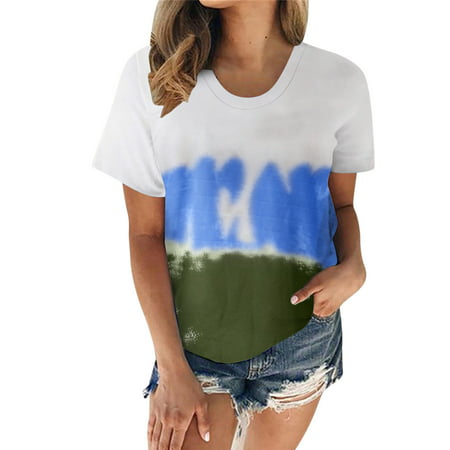 CLZOUD Shirt Women Blue Womens Casual Printed T Shirt Crew Neck Short Sleeve Loose Top M