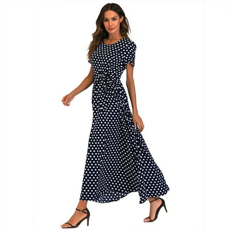 GWAABD Wedding Guest Dresses Beach Women Sleeve Bandage Dot Fashion Dress Long Polka Short Maxi O-Neck Women S Dress