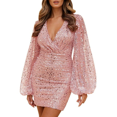 GWAABD Affordable Prom Dresses Women S Sequin Dress Wrap V Neck Ruched Bodycon Spaghetti Straps Party Night Club Dresses