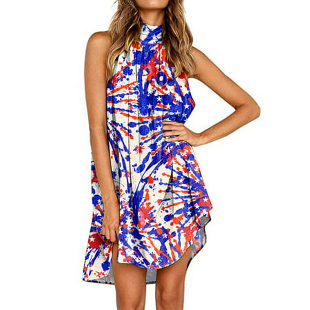 CLZOUD Pretty Dresses White Polyester Women Print Summer Dresses for Halter Neck Sundress Flowy Sleeveless Knee Length Irregular Beach Dress M