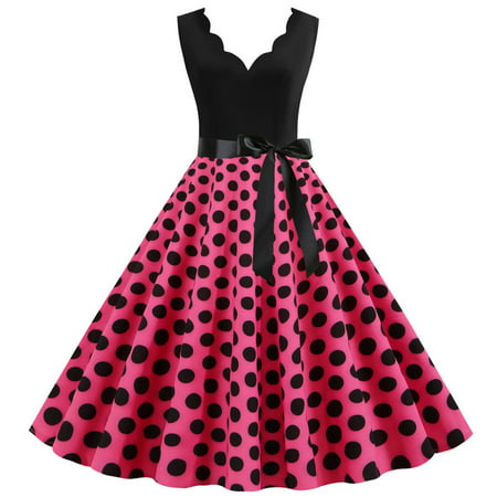 GWAABD Knit Dress Summer Women Vintage Summer Dot Print Sleeveless Casual Evening Party Prom Dress
