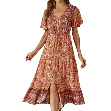 GWAABD Simple Dresses for Women Women Dresses Short Sleeve Spring Summer Print V Neck Long Skirt Boho Style Fashion Dress Elegant Skirt