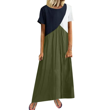 GWAABD Navy Dress Women Summer Casual Splicing Dress Short Sleeve Round Neck Loose Long Dress