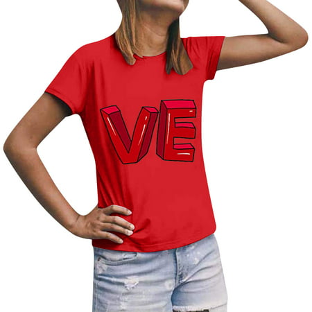 CLZOUD Blouse Tops for Women Red Couple Printed Round Neck Short Sleeved Top for Women S